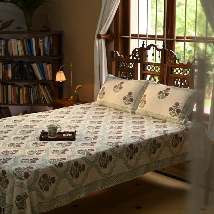 Lush Floret Bedspread - Hand Block Printed Handloom Cotton - Set of 3