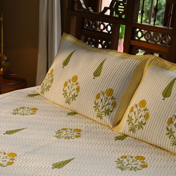 Splendid Sunshine Bedspread - Hand Block Printed Quilted Cotton - Set of 3