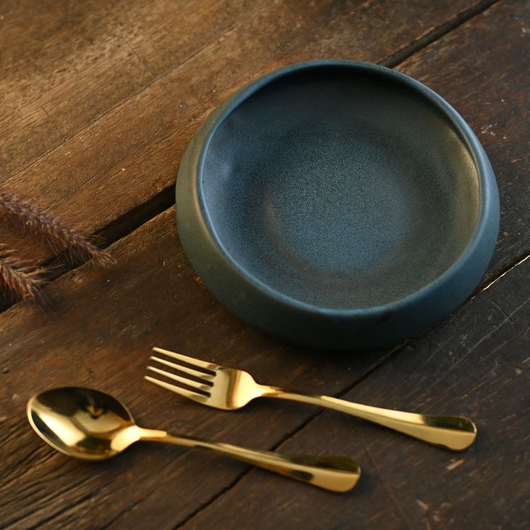 Handmade stoneware Blue bowl with spoon and fork