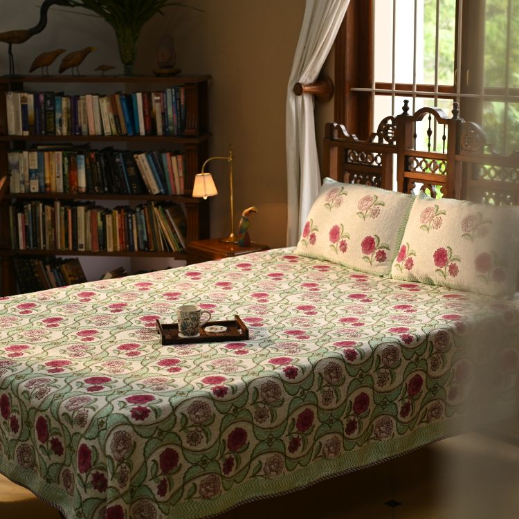 Floral Rouge Bedspread - Hand Block Printed Handloom Cotton - Set of 3