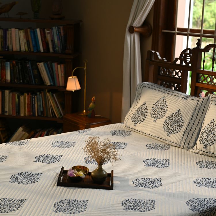 Leafy Lattice Bedspread - Hand Block Printed Quilted Cotton - Set of 3