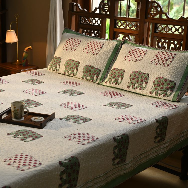 Jumbo Dreams Bedspread - Hand Block Printed Quilted Cotton - Set of 3