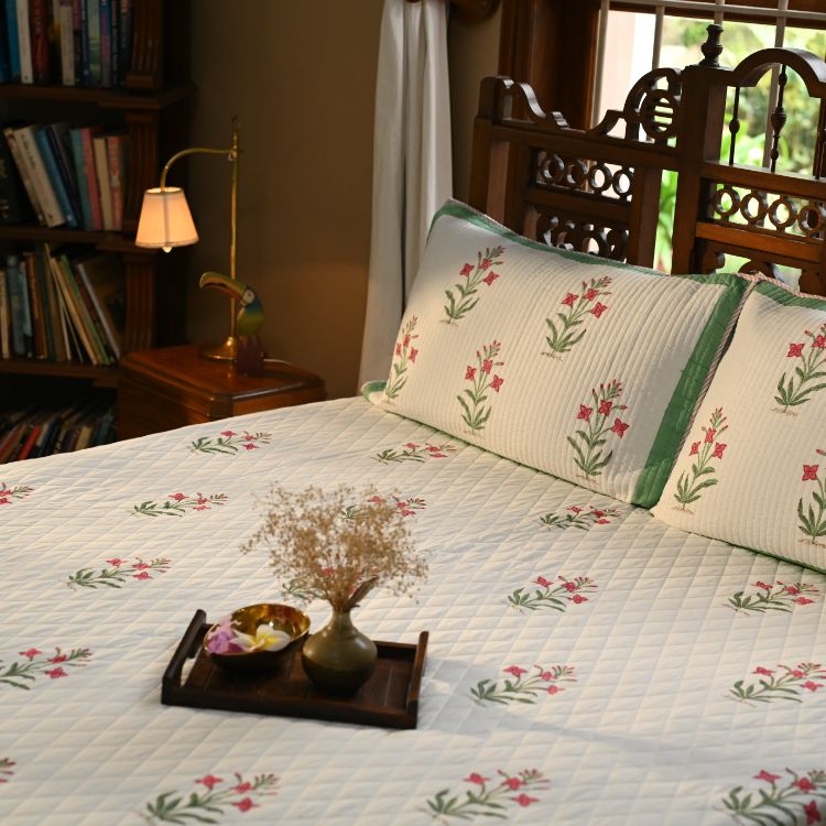 Crimson Petal Bedspread - Hand Block Printed Quilted Cotton - Set of 3