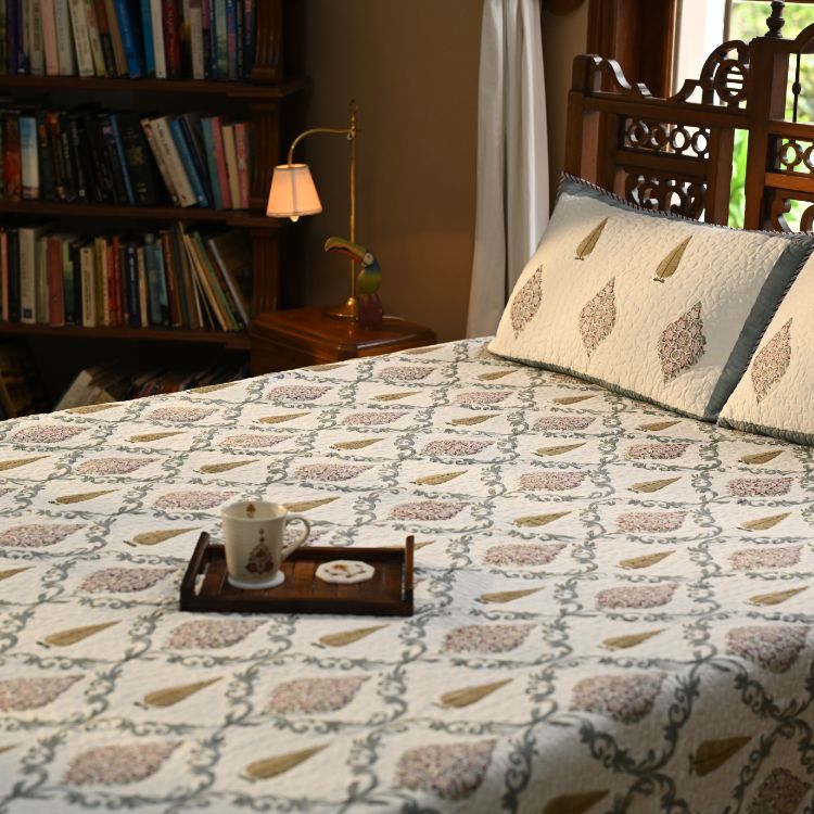 Ethereal Bouquet Bedspread - Hand Block Printed Quilted Cotton - Set of 3