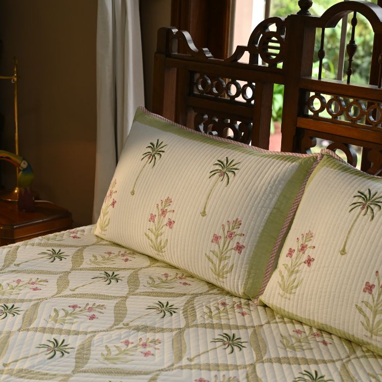 Citrus Grove Bedspread - Hand Block Printed Quilted Cotton - Set of 3