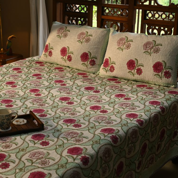 Floral Rouge Bedspread - Hand Block Printed Handloom Cotton - Set of 3