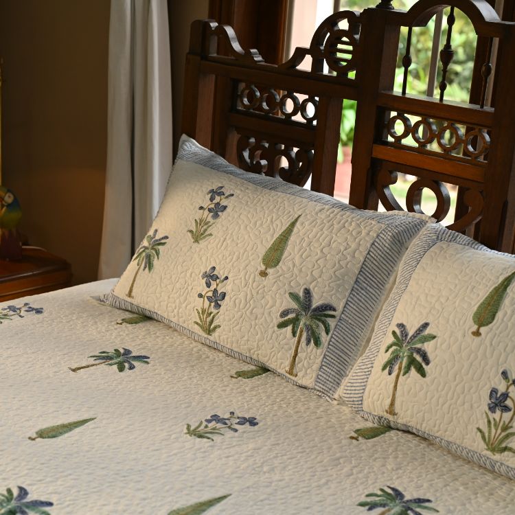 Coastal Breeze Bedspread - Hand Block Printed Quilted Cotton - Set of 3