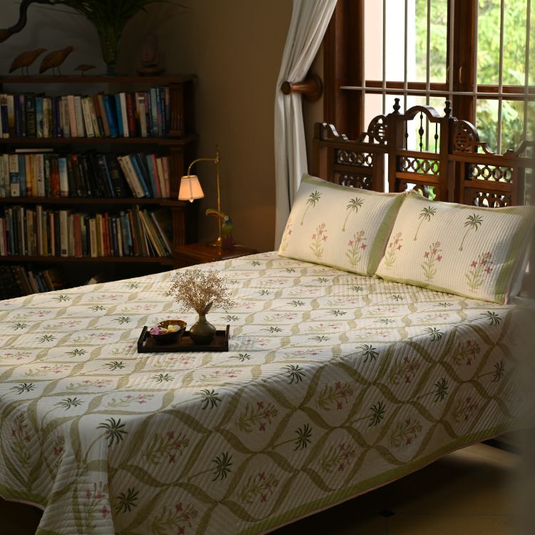 Citrus Grove Bedspread - Hand Block Printed Quilted Cotton - Set of 3